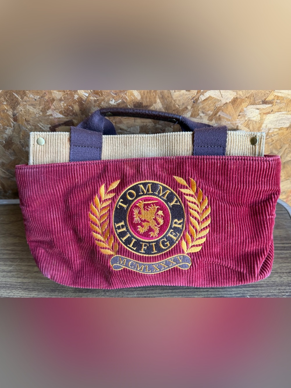 Vintage Tommy Hilfiger Burgundy Corduroy Crest Tote with Gold Embroidery